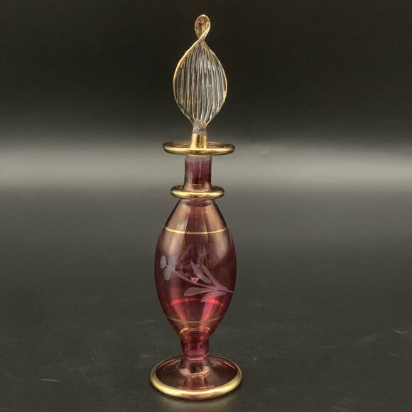 Vintage Other - Vintage Egyptian Hand Blown Miniature Glass Empty Bottle Gold Trim Etched
